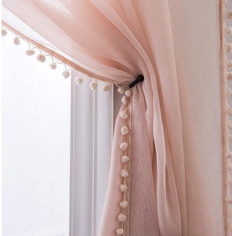 MISS SELECTEX Linen Look Pom Pom Tasseled Sheer Curtains - Rod Pocket Voile Semi-Sheer Curtains for Living and Bedroom, Set of 2 Curtain Panels (52 x 72 inch, Blush) - Image 1